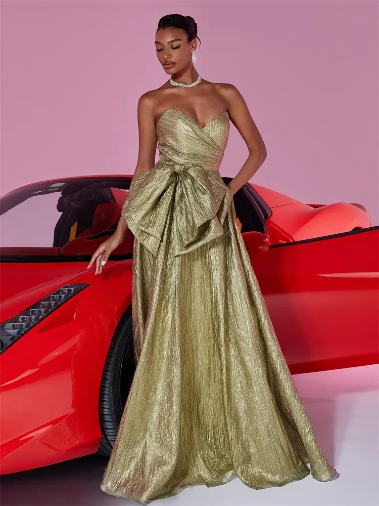 Sexy Gold Prom Dresses 2025 A Line Princess Strapless Bow Sleeveless  Backless Floor Length Long Formal Dresses