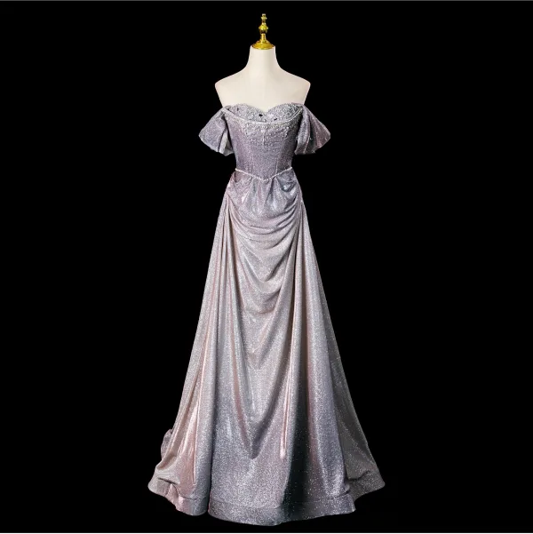 Scintillantes Sexy Violet Perlage Paillettes Robe De Bal 2025 Trompette / Sirène De l'épaule Manches Courtes Dos Nu Noeud Longue Promo Robe De Ceremonie