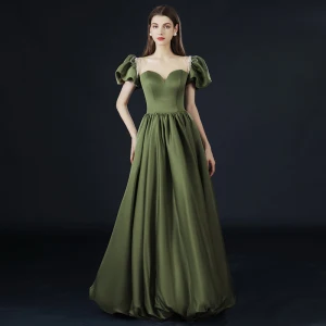 Vintage Retro Olive Green Prom Dresses 2021 A Line Princess Short Sleeve Scoop Neck Crossed Straps Beading Pearl Ruffle Satin Floor Length Long Formal Dresses