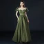 Vintage / Retro Olive Green Prom Dresses 2021 A-Line / Princess Short Sleeve Scoop Neck Crossed Straps Beading Pearl Ruffle Satin Floor-Length / Long Formal Dresses