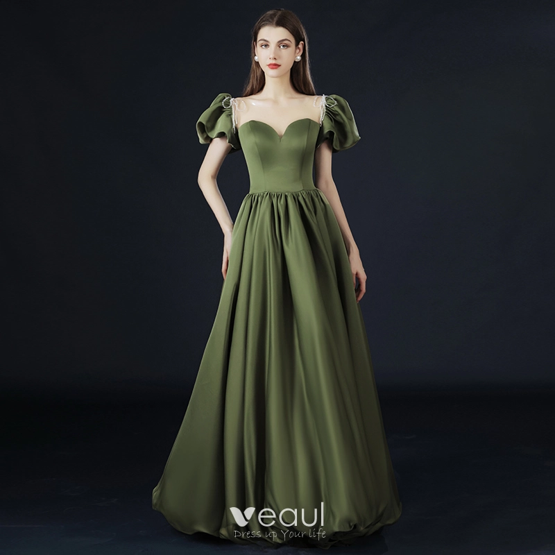 Vintage / Retro Olive Green Prom Dresses 2021 A-Line / Princess Short  Sleeve Scoop Neck Crossed Straps Beading Pearl Ruffle Satin Floor-Length /  Long Formal Dresses