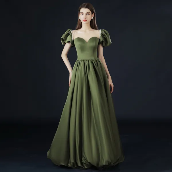 Vintage / Retro Olive Green Prom Dresses 2021 A-Line / Princess Short Sleeve Scoop Neck Crossed Straps Beading Pearl Ruffle Satin Floor-Length / Long Formal Dresses