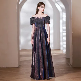 Chic Beautiful Navy Blue Glitter Evening Dresses 2023 A Line Princess Off The Shoulder Short Sleeve Backless Floor Length Long Evening Party Formal Dresses
