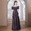 Chic / Beautiful Navy Blue Glitter Evening Dresses 2023 A-Line / Princess Off-The-Shoulder Short Sleeve Backless Floor-Length / Long Evening Party Formal Dresses