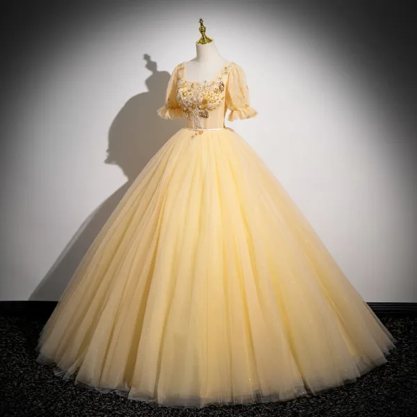 Élégant Champagne Perlage Paillettes Robe De Bal 2024 Robe Boule Encolure Carrée Manches Courtes Dos Nu Longue Promo Robe De Ceremonie