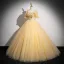 Élégant Champagne Perlage Paillettes Robe De Bal 2024 Robe Boule Encolure Carrée Manches Courtes Dos Nu Longue Promo Robe De Ceremonie