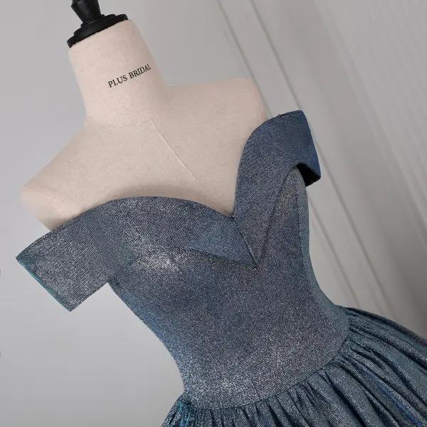 Chic / Belle Bleu Marine Glitter Robe De Bal 2026 Robe Boule De l'épaule Manches Courtes Dos Nu Longue Robe De Ceremonie