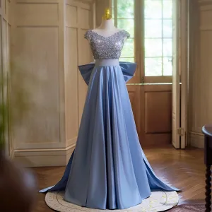 Élégant Bleu Ciel Paillettes Satin Robe De Bal 2024 Princesse V Cou Mancherons Dos Nu Noeud Train De Balayage Promo Robe De Ceremonie