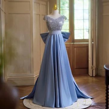 Elegant Sky Blue Sequins Satin Prom Dresses 2024 A Line Princess V Neck Cap Sleeves Backless Bow Sweep Train Prom Formal Dresses
