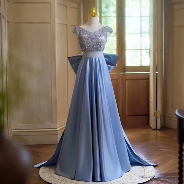 Elegant Sky Blue Sequins Satin Prom Dresses 2024 A-Line Princess V-Neck Cap Sleeves Bow