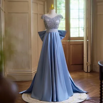 Elegant Sky Blue Sequins Satin Prom Dresses 2024 A Line Princess V Neck Cap Sleeves Backless Bow Sweep Train Prom Formal Dresses