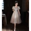 Modern / Fashion Champagne Glitter Graduation Dresses 2022 A-Line / Princess V-Neck Puffy Short Sleeve Backless Sequins Tea-length Formal Dresses