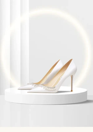 Chic Blanche Perle Faux Diamant Chaussure De Mariée 2024 Cuir 10 Cm Talons Aiguilles À Bout Pointu Mariage Escarpins Talons Hauts