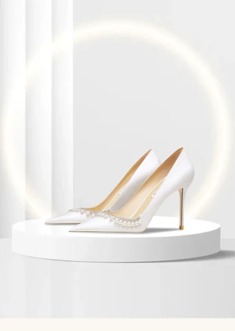 Chic Blanche Perle Faux Diamant Chaussure De Mariée 2024 Cuir 10 Cm Talons Aiguilles À Bout Pointu Mariage Escarpins Talons Hauts