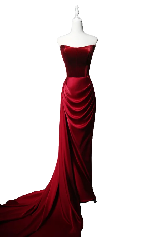 Sexy Burgundy Velvet Evening Dresses 2024 Trumpet / Mermaid Strapless Sleeveless Backless Court Train Evening Party Formal Dresses