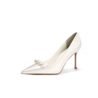 Elegant White Satin Pearl Wedding Shoes 2025 6 Cm Stiletto Heels Pointed Toe Wedding Pumps High Heels