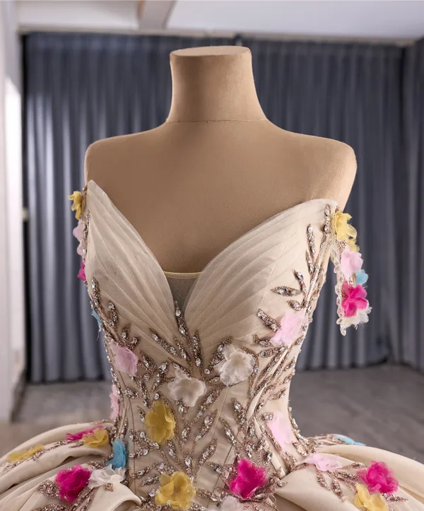 Luxury / Gorgeous Champagne Handmade  Rhinestone Appliques Sequins Prom Dresses 2025 Ball Gown Off-The-Shoulder Short Sleeve Backless Court Train Formal Dresses