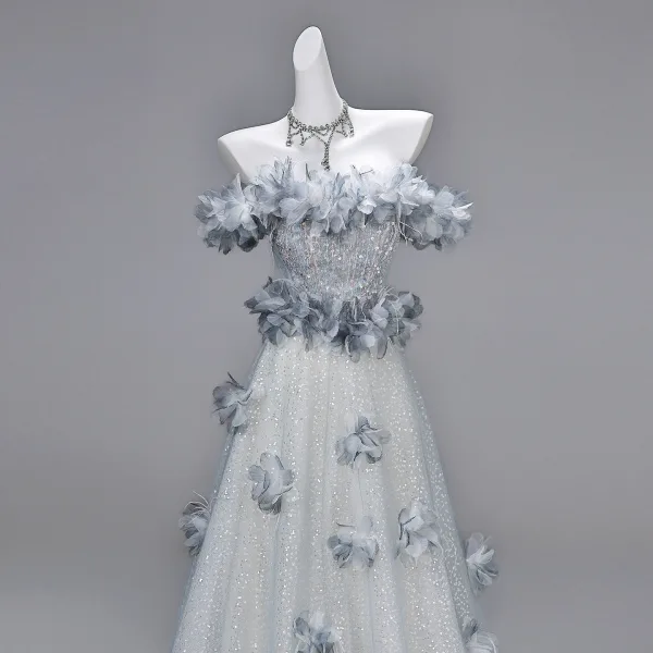 Charmant Gris Perlage Appliques Paillettes Robe De Soirée 2026 Princesse De l'épaule Manches Courtes Dos Nu Longue Robe De Ceremonie