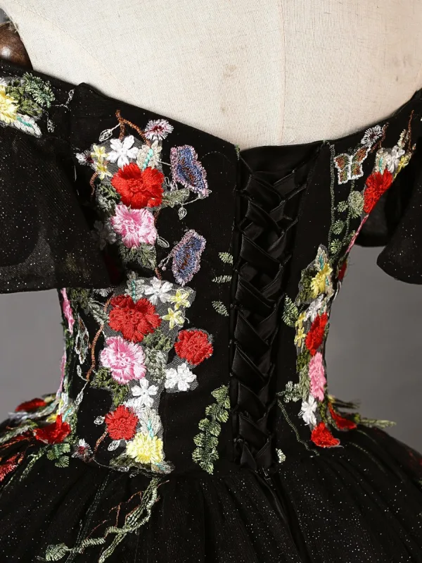 Flower Fairy Black Lace Flower Prom Dresses 2023 Ball Gown Off-The-Shoulder Short Sleeve Backless Floor-Length / Long Formal Dresses