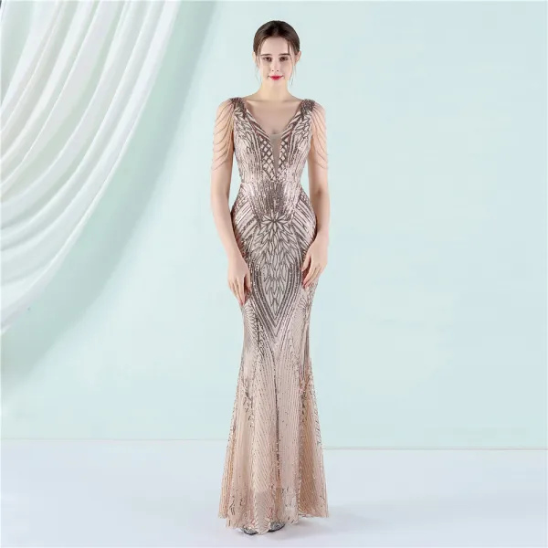 Sparkly Black Sequins Evening Dresses 2022 Trumpet / Mermaid V-Neck Beading Sleeveless Floor-Length / Long Evening Party Formal Dresses