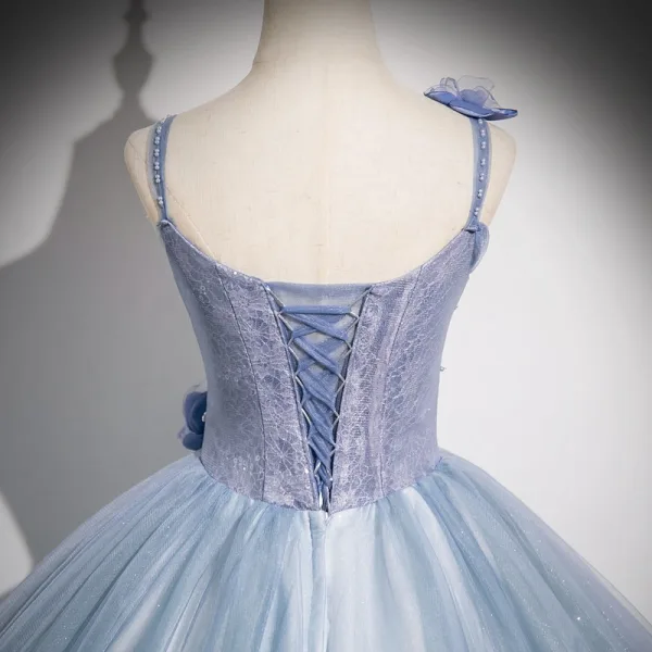 Elegant Sky Blue Pearl Appliques Prom Dresses 2024 Ball Gown Spaghetti Straps Sleeveless Backless Floor-Length / Long Prom Formal Dresses