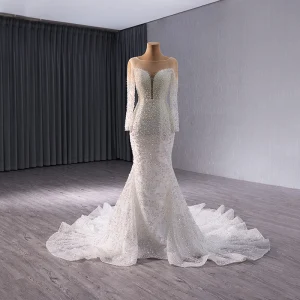 High End White Handmade Pearl Sequins Wedding Dresses 2024 Trumpet Mermaid Scoop Neck Long Sleeve Backless Sweep Train Wedding
