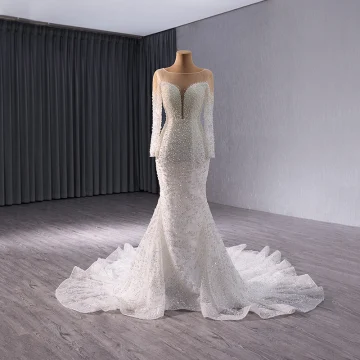 Haut De Gamme Blanche Fait Main Perle Paillettes Robe De Mariée 2024 Trompette Sirène Encolure Dégagée Manches Longues Dos Nu Train De Balayage Mariage