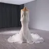 High-end White Handmade  Pearl Sequins Wedding Dresses 2024 Trumpet / Mermaid Scoop Neck Long Sleeve Backless Sweep Train Wedding