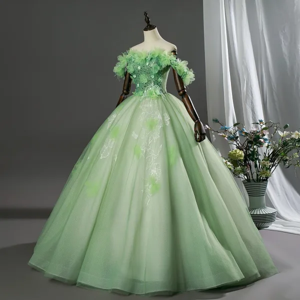 Fée Des Fleurs Vert Cendré Perlage Appliques Paillettes Robe De Bal 2026 Robe Boule De l'épaule Manches Courtes Dos Nu