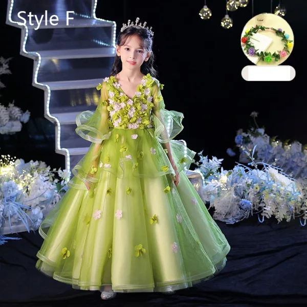 Flower Fairy Sage Green Appliques Birthday Flower Girl Dresses 2024 Ball Gown V-Neck Bell sleeves Floor-Length / Long