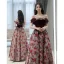 Elegant Burgundy Printing Prom Dresses 2023 A-Line / Princess Off-The-Shoulder Sleeveless Backless Tea-length Prom Formal Dresses