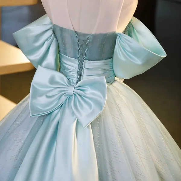 Elegant Sky Blue Beading Sequins Prom Dresses 2023 Ball Gown Scoop Neck Short Sleeve Backless Bow Floor-Length / Long Prom Formal Dresses