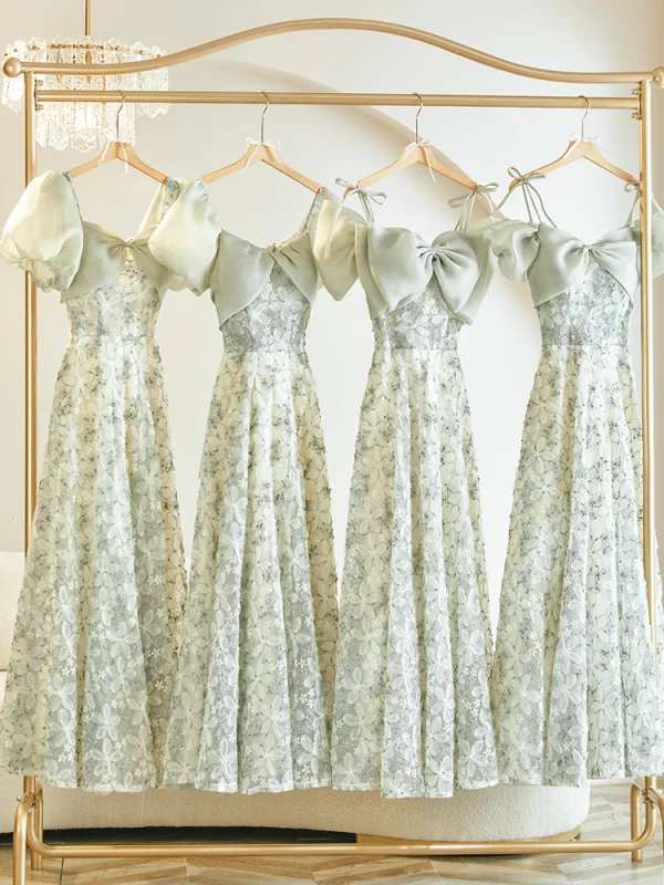 Chic / Beautiful Sage Green Flower Bridesmaid Dresses 2023 A-Line / Princess Puffy Short Sleeve Backless Tea-length Bridesmaid Dresses