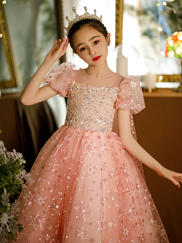 Chic / Beautiful Candy Pink Beading Star Sequins Flower Girl Dresses 2022 A-Line / Princess Scoop Neck Short Sleeve Floor-Length / Long Prom