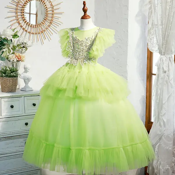 Chic / Beautiful Lime Green Ball Gown Birthday Cascading Ruffles Sequins Flower Girl Dresses 2022 Scoop Neck Short Sleeve Floor-Length / Long Flower Girl Dresses