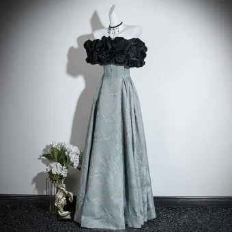 Chic Belle Noire Perle Robe De Bal 2026 Princesse Volants De L Épaule Manches Courtes Longue Robe De Ceremonie