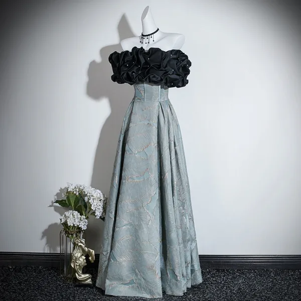 Chic / Beautiful Black Pearl Prom Dresses 2026 A-Line / Princess Ruffle Off-The-Shoulder Short Sleeve Floor-Length / Long Formal Dresses