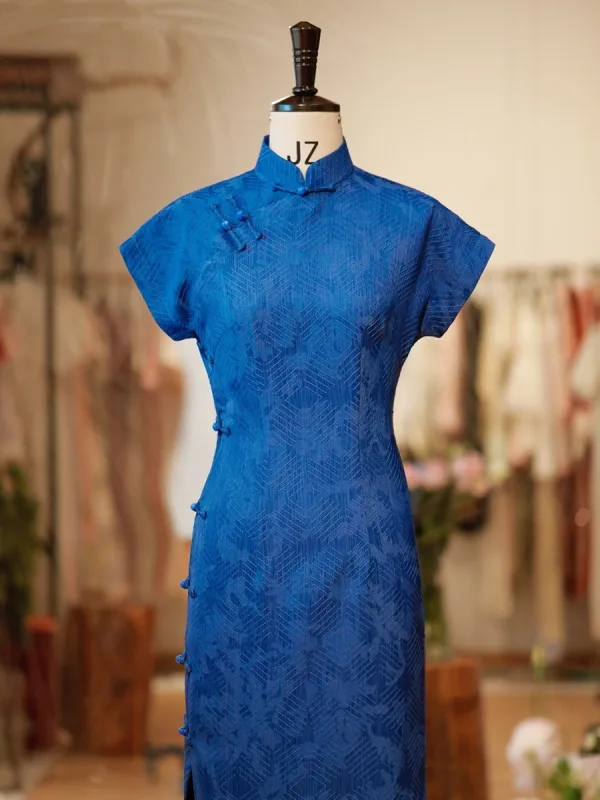 Vintage / Retro Ocean Blue Split Front Tea-length Cheongsam 2026 Trumpet / Mermaid High Neck Cap Sleeves