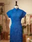 Vintage / Retro Ocean Blue Split Front Tea-length Cheongsam 2026 Trumpet / Mermaid High Neck Cap Sleeves