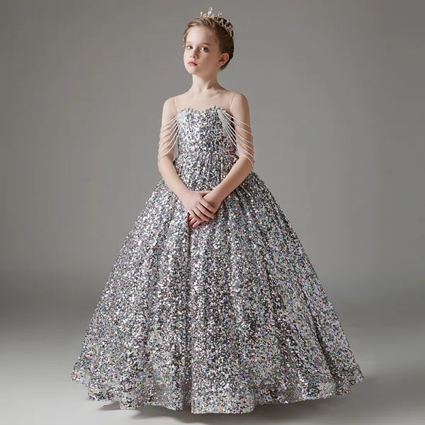 Sparkly Silver Beading Sequins Birthday Flower Girl Dresses 2024 Ball Gown Scoop Neck Sleeveless Backless Floor-Length / Long