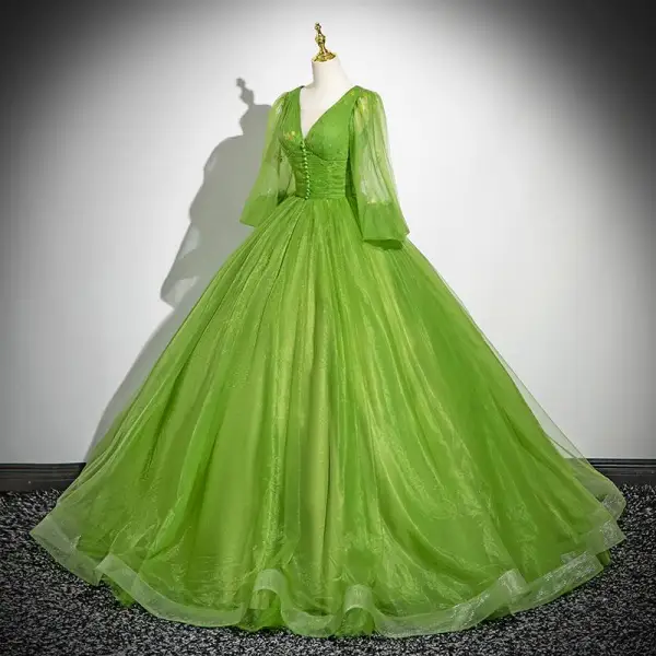 Classic Green Ball Gown Prom Dresses 2024 V-Neck 3/4 Sleeve Backless Floor-Length / Long Prom Formal Dresses