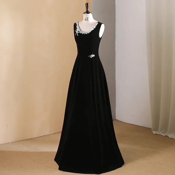 Chic / Beautiful Black Pearl Prom Dresses 2024 A-Line / Princess U-Neck Sleeveless Floor-Length / Long Prom Formal Dresses