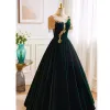 Vintage / Retro Dark Green Velvet Beading Rhinestone Tassel Prom Dresses 2023 A-Line / Princess High Neck Short Sleeve Backless Floor-Length / Long Formal Dresses