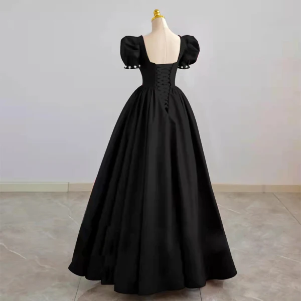 Vintage / Retro Black Evening Dresses Prom Dresses 2022 A-Line / Princess Crossed Straps Beading Puffy Short Sleeve Backless Solid Color Floor-Length / Long Satin Square Neckline Dancing Formal Dresses