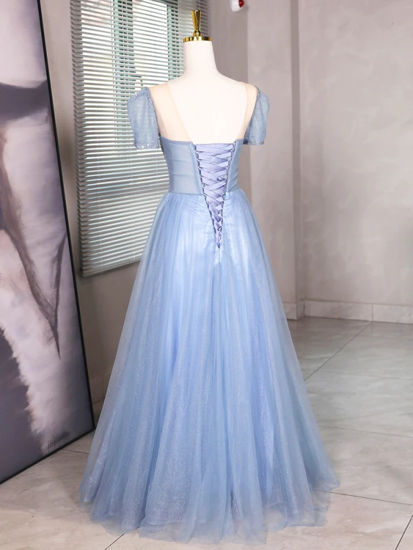 Bling Bling Bleu Ciel Perlage Paillettes Robe De Bal 2024 Princesse Encolure Carrée Manches Courtes Dos Nu Longue Promo Robe De Ceremonie