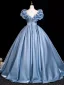 Elegant Sky Blue Beading Sequins Ruffle Prom Dresses 2026 Ball Gown Scoop Neck Short Sleeve Backless Floor-Length / Long Formal Dresses