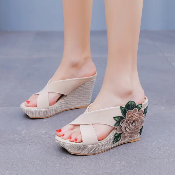 Böhmen Beige Strand Applikationen 9 cm Keilabsatz Sandalen Damen 2025 Peeptoes Sandaletten Hochhackige