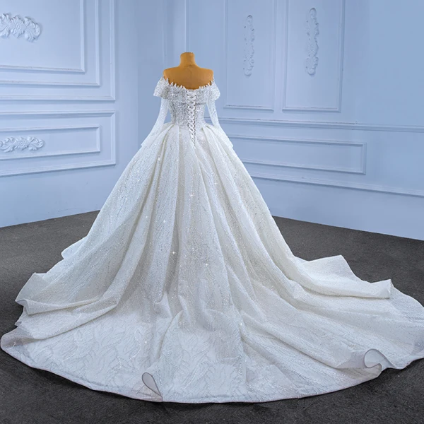Luxury / Gorgeous White Beading Sequins Wedding Dresses 2022 Ball Gown Off-The-Shoulder Long Sleeve Backless Royal Train Wedding