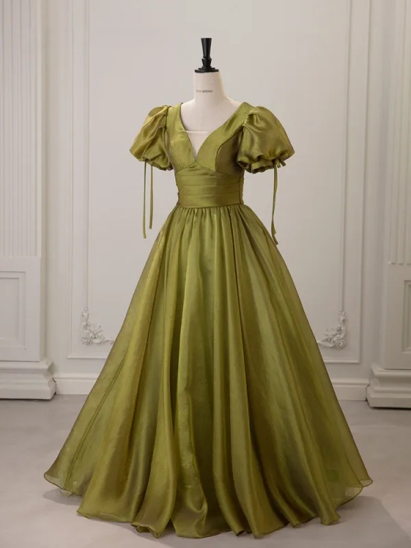 Chic / Belle Vert Cendré Robe De Bal 2025 Princesse V-Cou Gonflée Manches Courtes Dos Nu Longue Robe De Ceremonie
