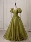 Chic / Belle Vert Cendré Robe De Bal 2025 Princesse V-Cou Gonflée Manches Courtes Dos Nu Longue Robe De Ceremonie